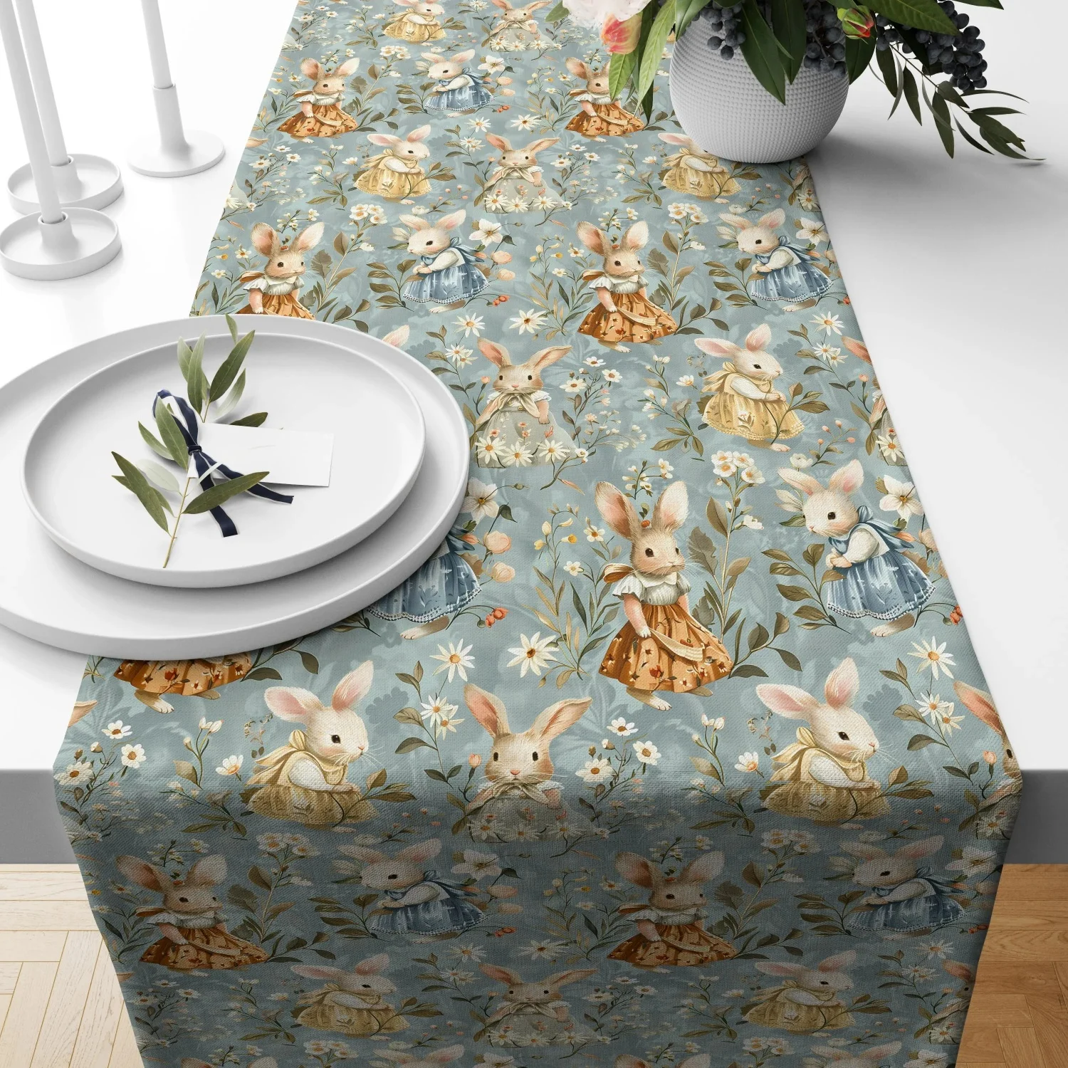Whimsical Bunnies in Prairie Dresses Easter Table Runner, Vintage Style on Muted Blue-Green, For Rustic Spring Celebrations