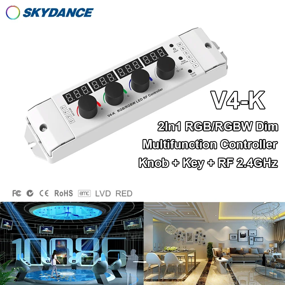 

DC12-24V V4-K 2In1 4CH Multifunction Constant voltage Knob + Key + 2.4GHzRF RGB/RGBW PWM 0-100% Dim Controller For Strip/Module