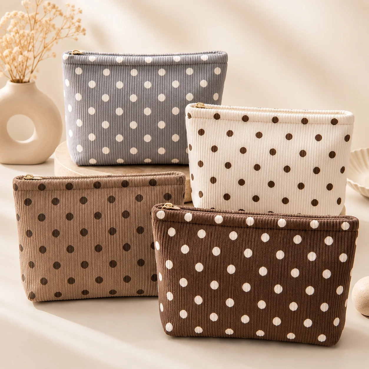 Corduroy Makeup Bag Cute Polka Dot Cosmetic Pouch Soft Zipper Beauty Organizer Travel Toiletry Bag Women Vanity Storage Case