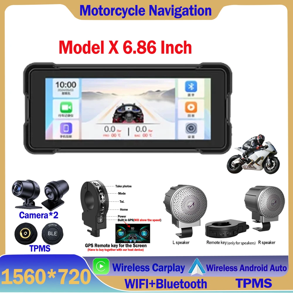 6.86 Inch For Navigation Motorcycle Waterproof Apple Carplay Display Screen Portable Motorcycle Wireless Android Auto WIFI TMPS