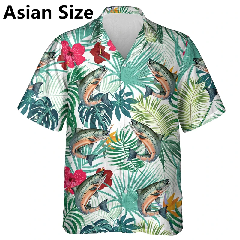 Casual Fishing Lover Hawaiian Shirts Mens Summer Fashion Short Sleeve Lapel Button Fish Graphic Shirt Loose Outdoor Blouse Tops