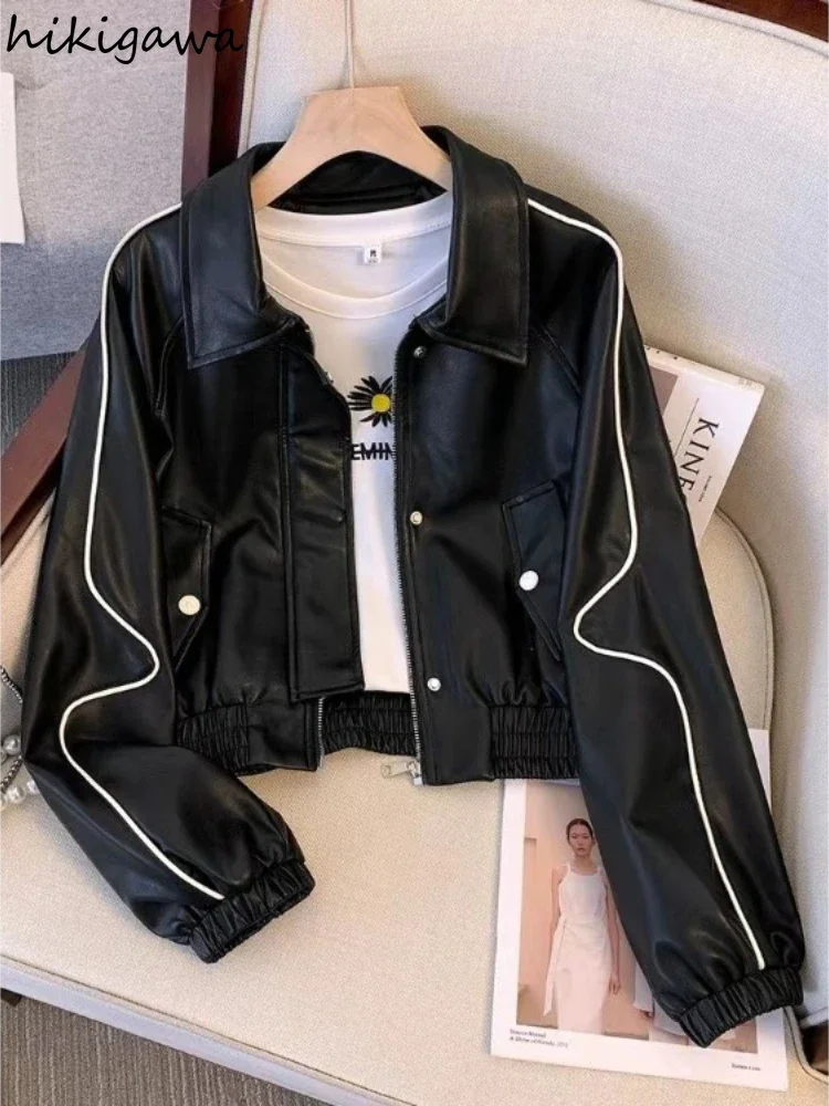 Jaket kulit untuk wanita Streetwear untuk wanita atasan Crop kerah berlipat ke bawah pakaian luar ritsleting Vintage kasual PU Y2k mantel 2024 Ropa Mujer 63b427