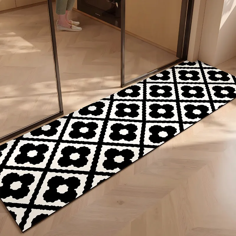 PVC Kitchen Floor Mat Waterproof Leather Foot Mats Non-slip Oil Proof Carpet Long Rug Black Flower Stripe Home Decoration Rugs