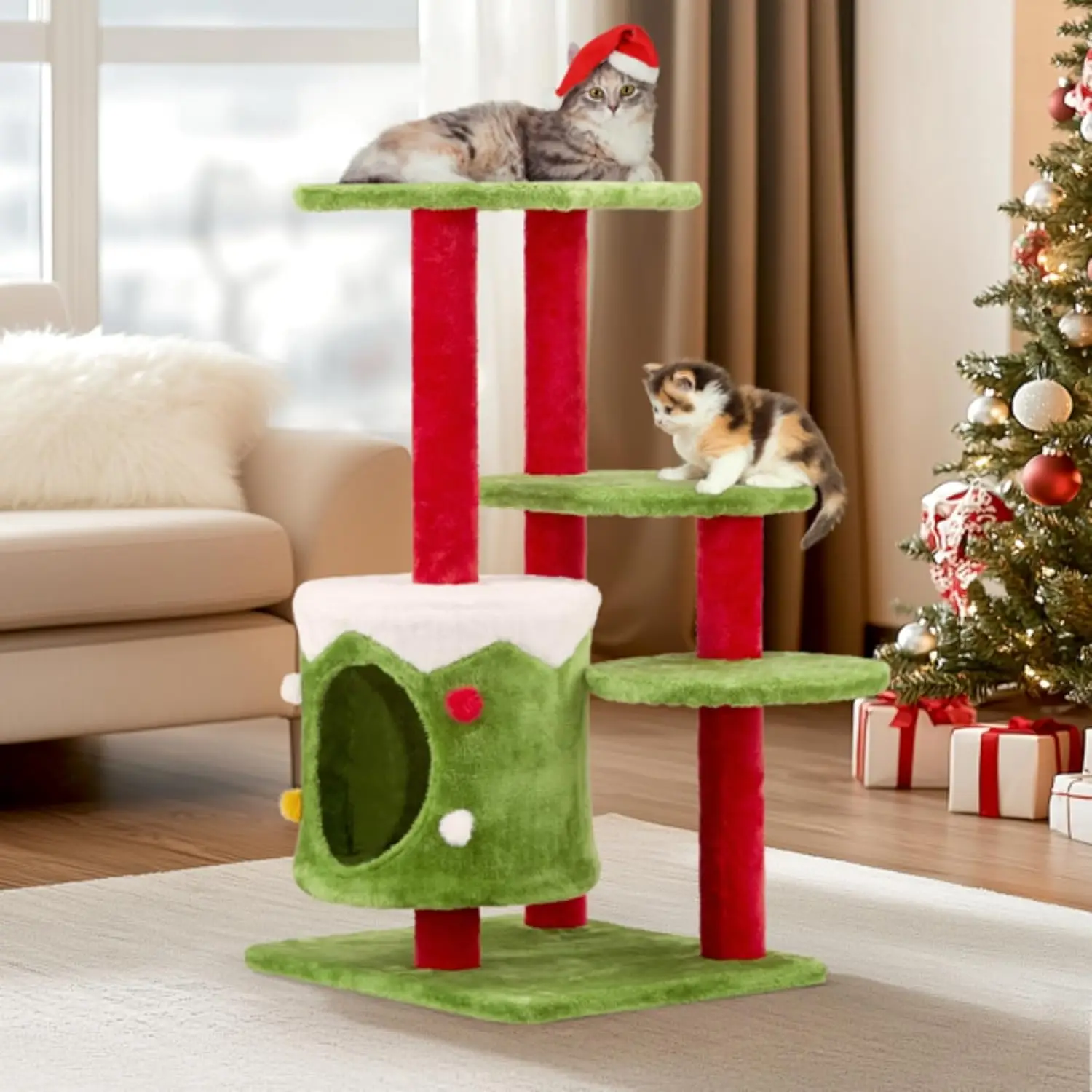 

32in Christmas Themed Cat Tower with Cat Condo, 3-Level Plush Cat Tree Activity Center for Indoor Cats
