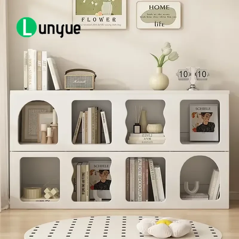 Cream Wabi Sabi Bookshelf Floor Standing Display Cabinet Simple Low Storage Shelf for Living Room Bedroom Wall Home Decor