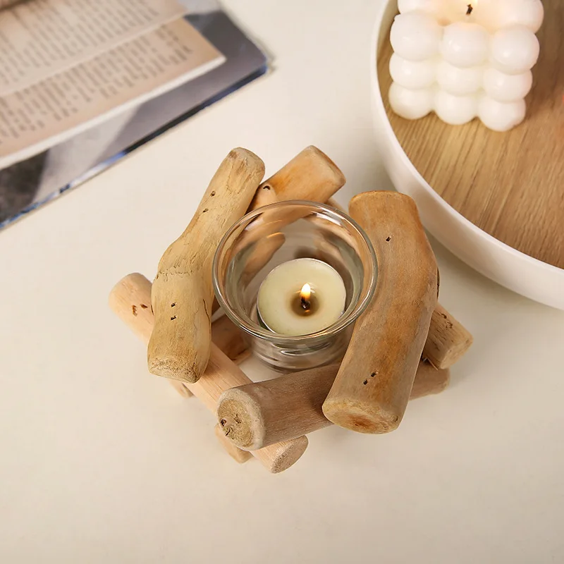 Vintage Driftwood Candle Holder Rustic Glass Decor for Home Office Desk Photography Prop