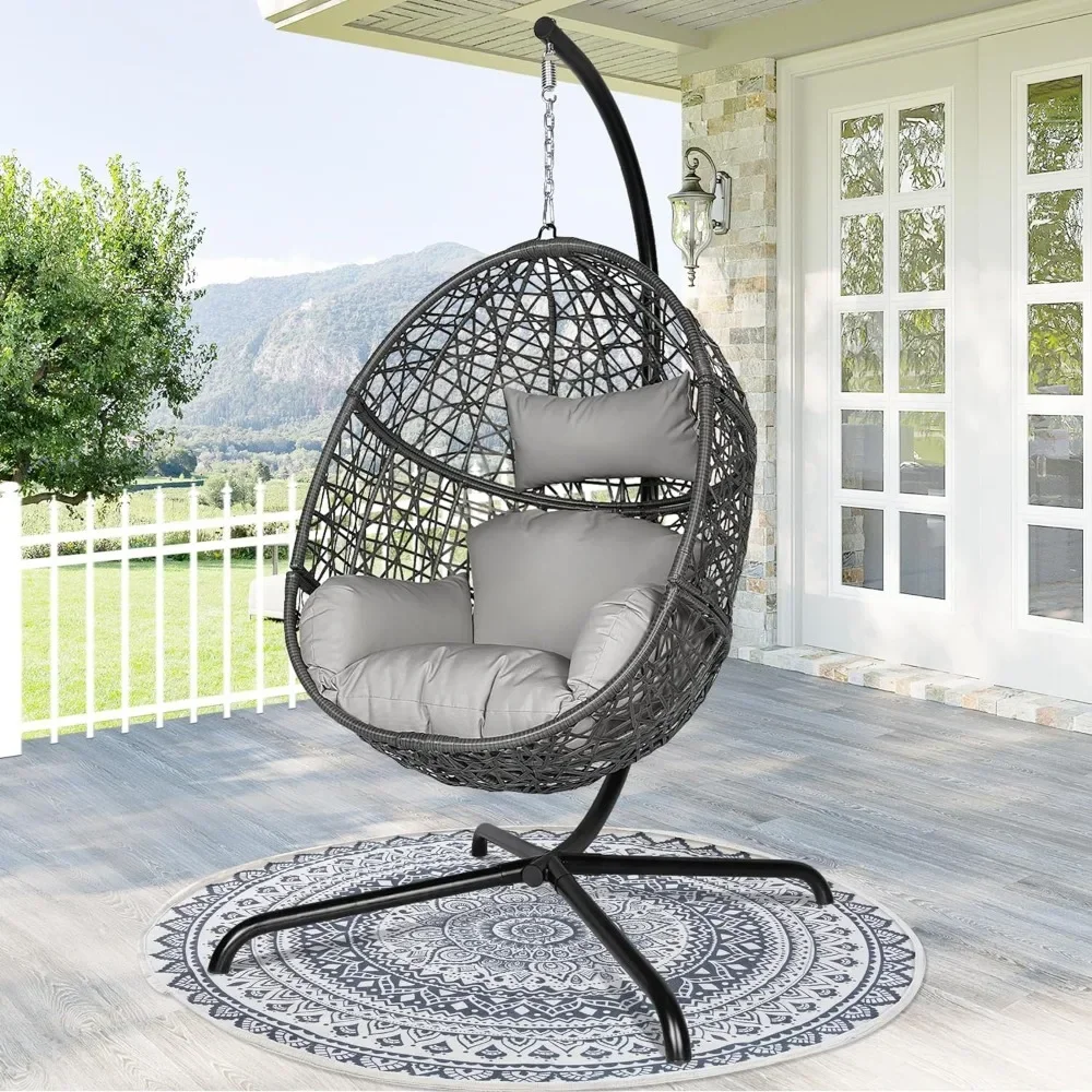 Oversized Swing Egg Chair with Stand Indoor Outdoor PE Wicker Rattan Patio Basket Large Hanging Chair with Waterproof Cushions