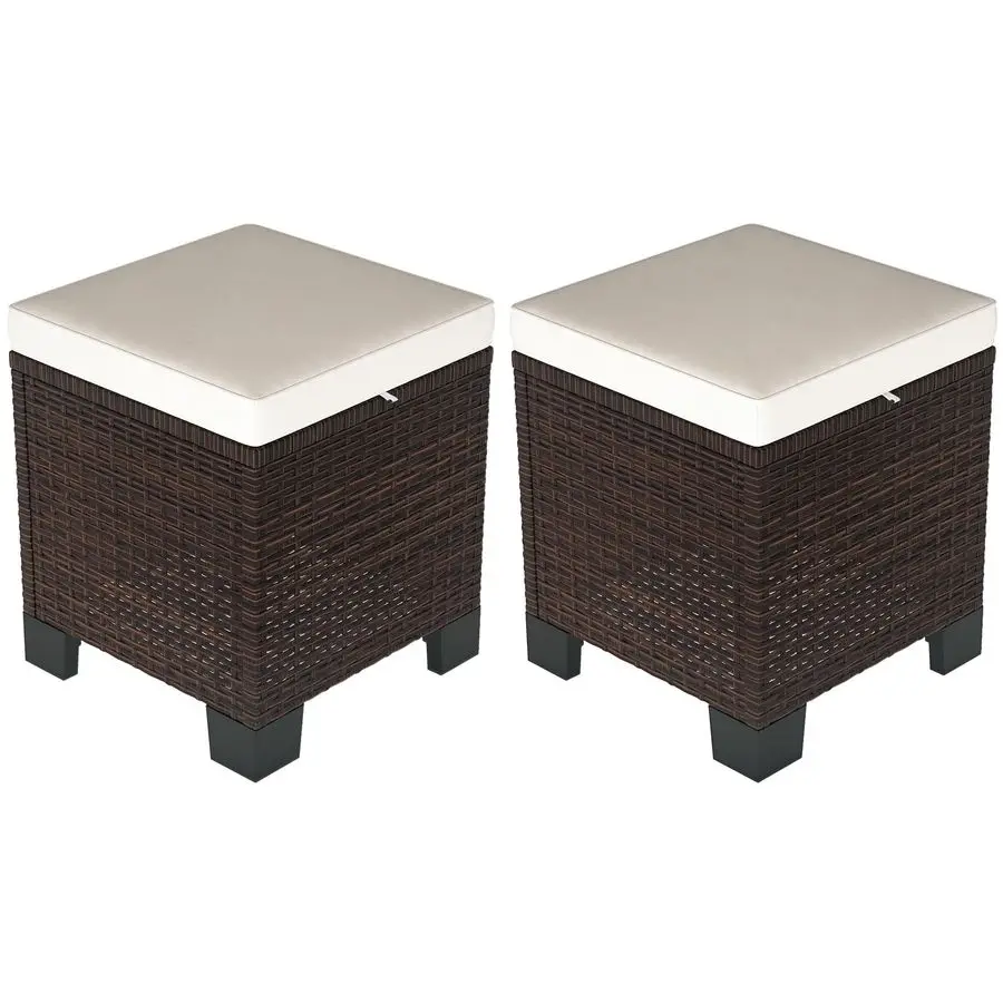 

2 Pieces Outdoor Patio Ottomans, All Weather Wicker Outdoor Footstools with Removable Cushions, 3in1 PE Rattan Ottoman Seat