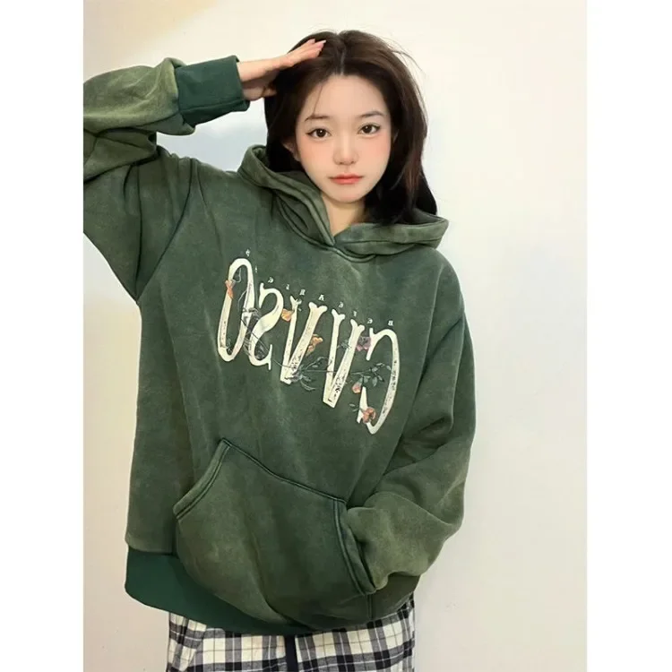 Aesthetic Tops Hoodie Grunge Loose Punk Vintage Sweatshirt Oversized Letter Print Casual Streetwear Floral Embroidery