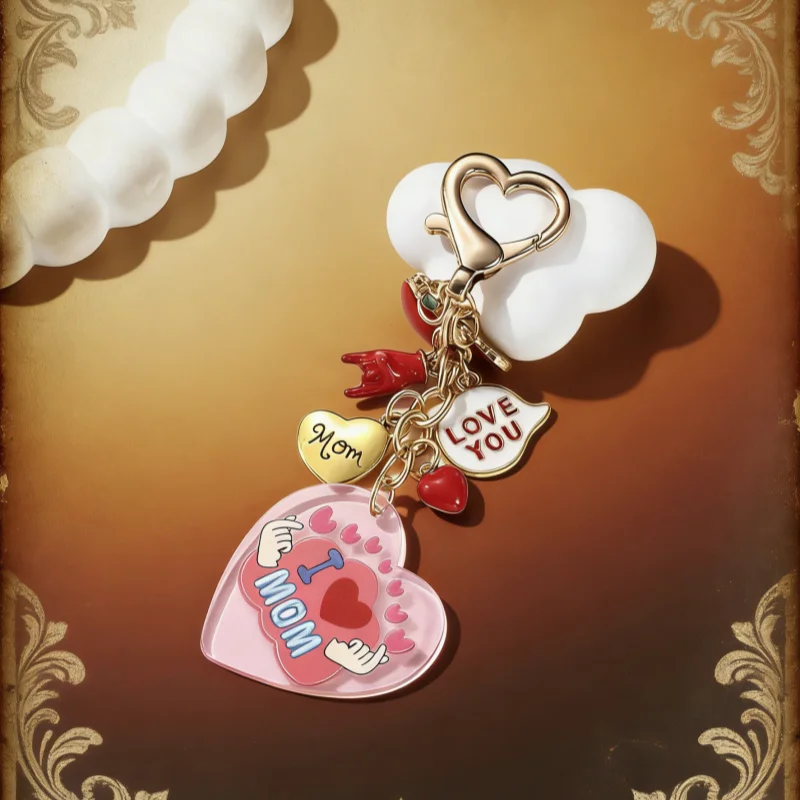 Kreativer schrulliger Herz-Apfel-Hand „Love You“, Acryl-Emaille-Schlüsselanhänger, hübsches Geschenk, Schlüsselanhänger für Mama, Muttertag, handgefertigter Schmuck