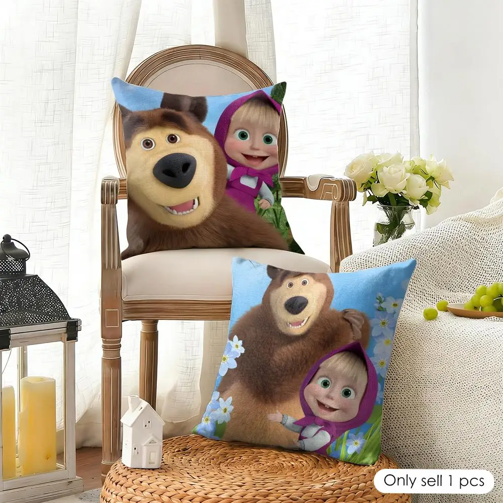 M-Masha And B-Bears Cushion Cover Organic Linen Square Pillow Case Durable Non-Allergenic And Kind To Skin