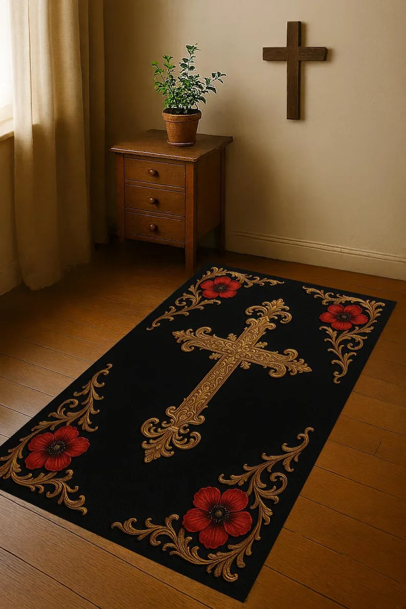 Our Lady of Guadalupe Rug Virgin Mary Portrait Green Floral Living Room Carpet Catholic Christian Floor Mat Decor