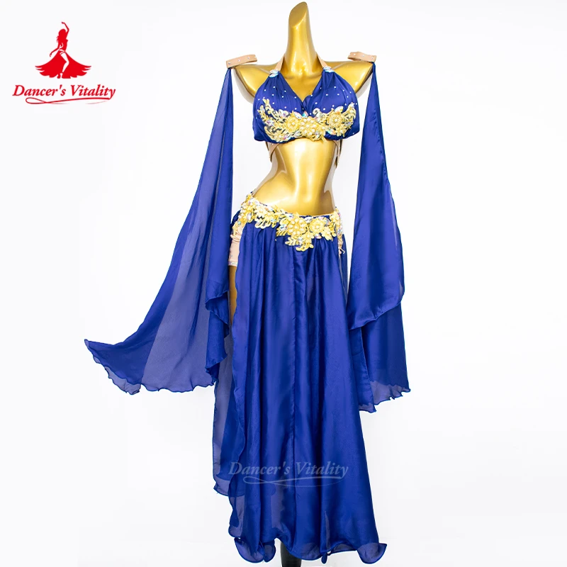 여성용 벨리댄스 대회 코스튬 세트, 브래지어 + 시니어 새틴 스톤 롱 스커트, 벨리댄스 이국적 댄스웨어, 소녀 세트, 2 개