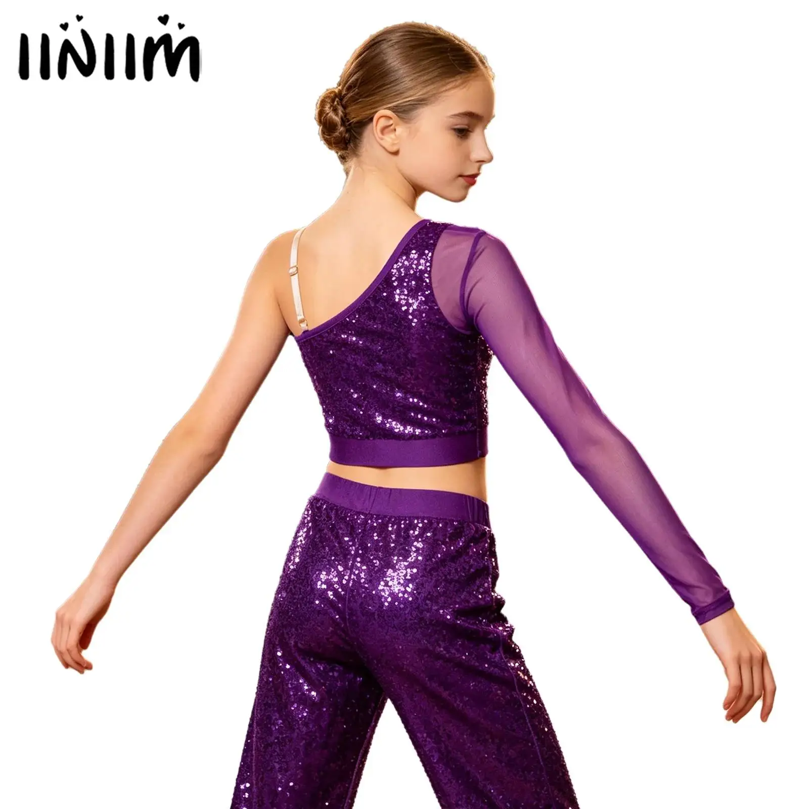 

Kids Girls Sparkly Sequins Jazz Dance Top Hip Hop Performance Costume Sheer Mesh Long Sleeve One Shoulder Side Zipper Crop Top