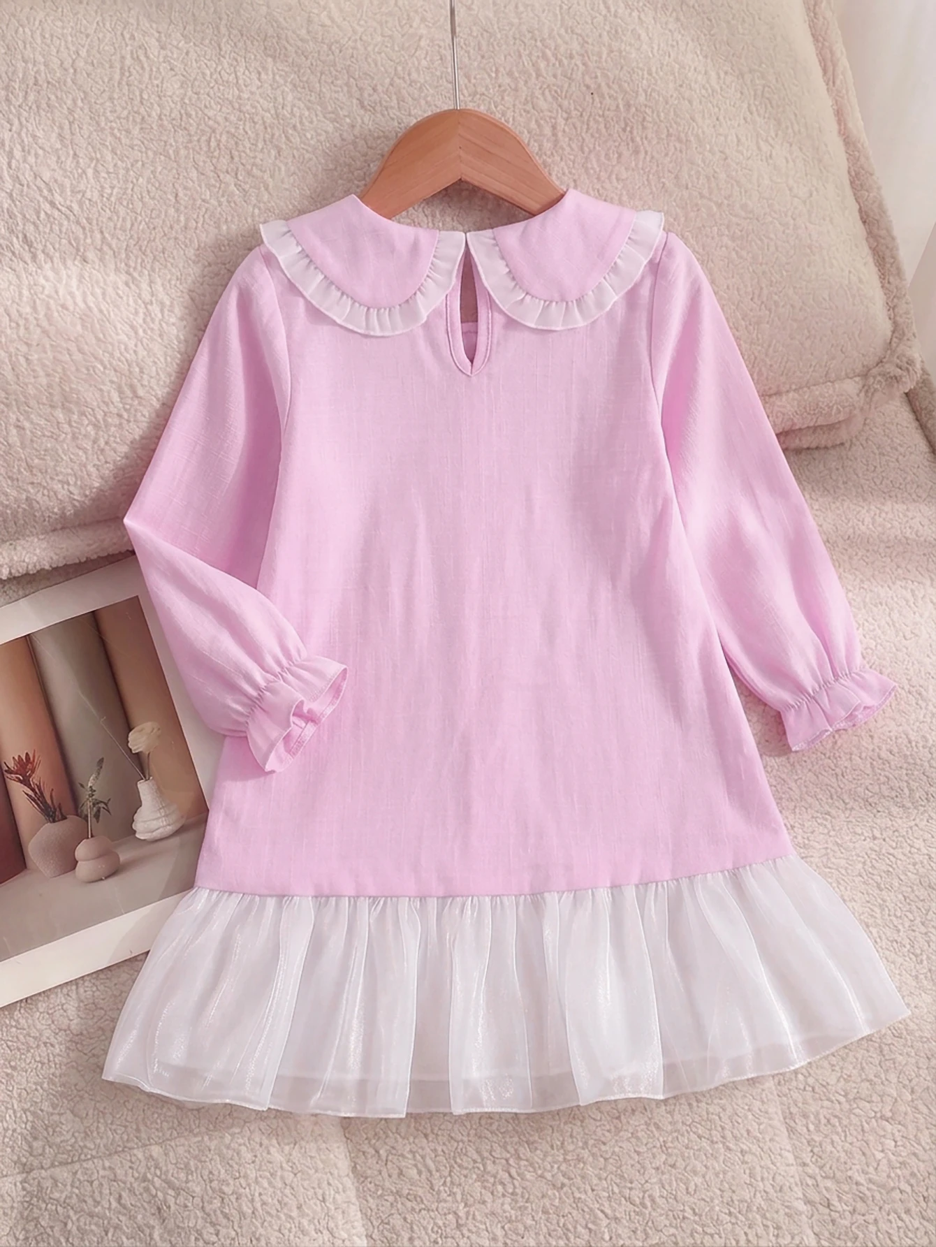 Girls Sweet Pink Peter Pan Collar Dress Long Sleeve Pearl Buttons Organza Ruffle Hem Princess Dress for 4‑8 Years Old