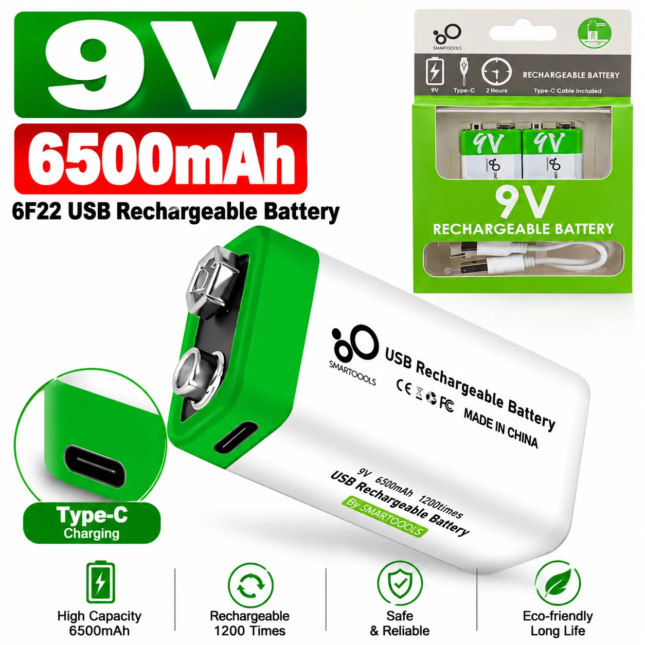 9V 6F22 USB Rechargeable Li-ion Battery 650mAh with Type-C Cable for Microphone Guitar Pedal Multimeter Metal Detector Toys