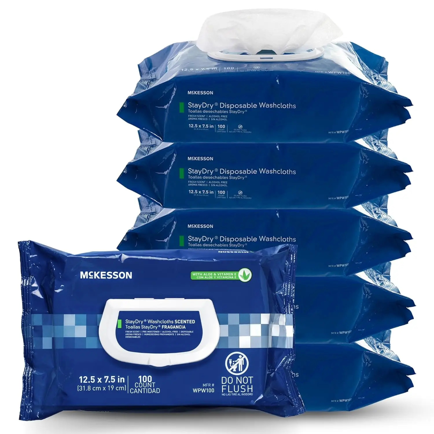 McKesson StayDry ผ้าเช็ดทําความสะอาดหรือ Washcloths แบบใช้แล้วทิ้งสําหรับผู้ใหญ่ที่มีว่านหางจระเข้ ไม่หยุดยั้ง ปราศจากแอลกอฮอล์ ไม่สามารถฟลัชฟลัช ฟรุ้งอย่างน่าพอใจ