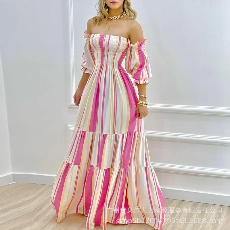 Women High Waist Dress Slash Neck Long Maxi Loose Dress Ankle Length Striped Lantern Sleeve