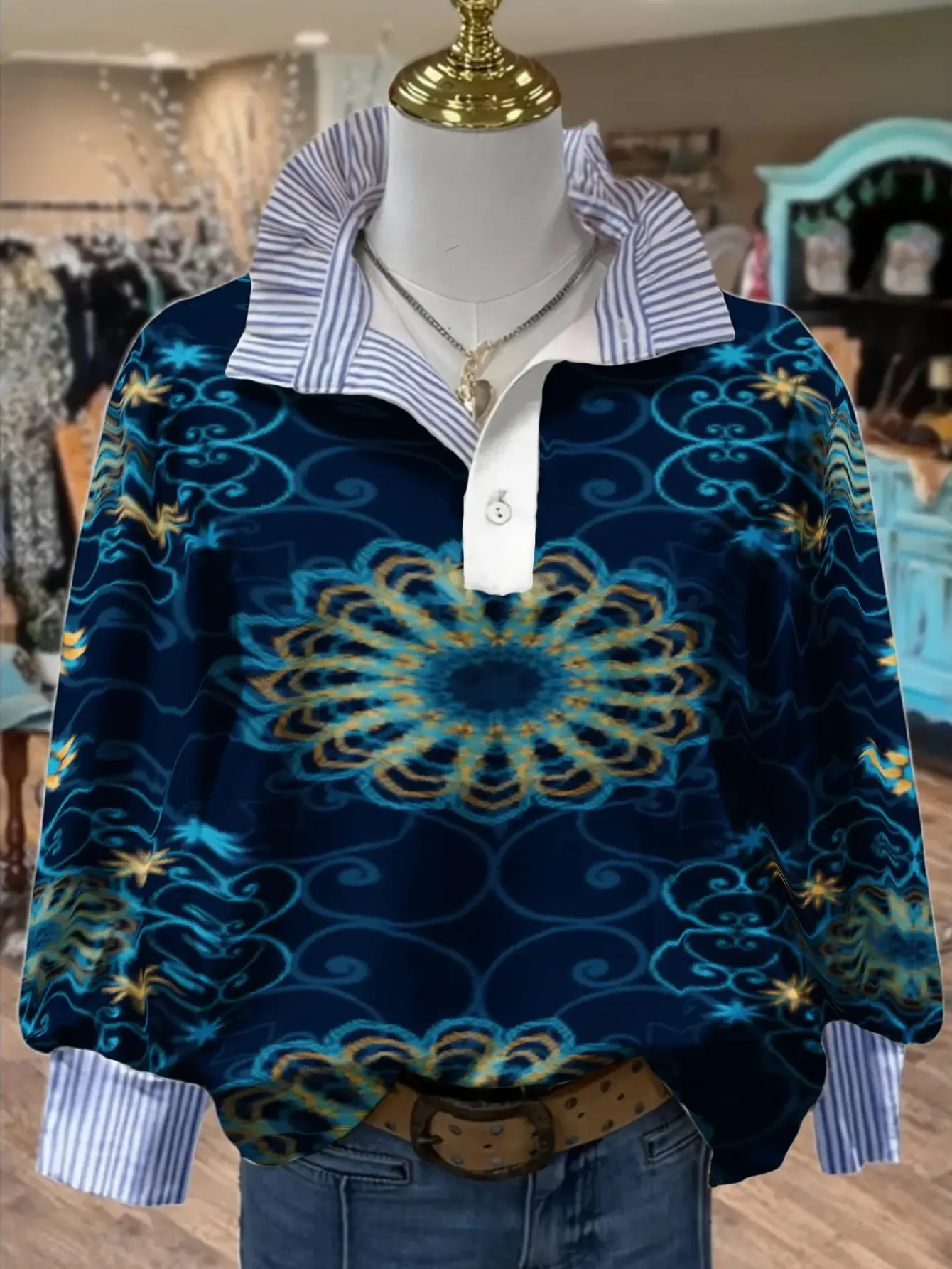 2026Ladies' striped casual fashion shirt with multi-color striped collar and half button shirt pattern,Red large floral print