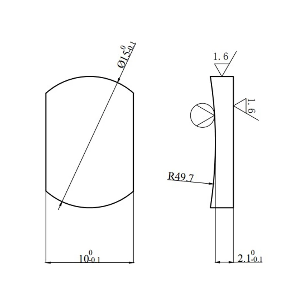 Rectangular flat concave aluminized reflector 15x10mm F25mm Radius of curvature R=49.7mm Protective aluminum plating