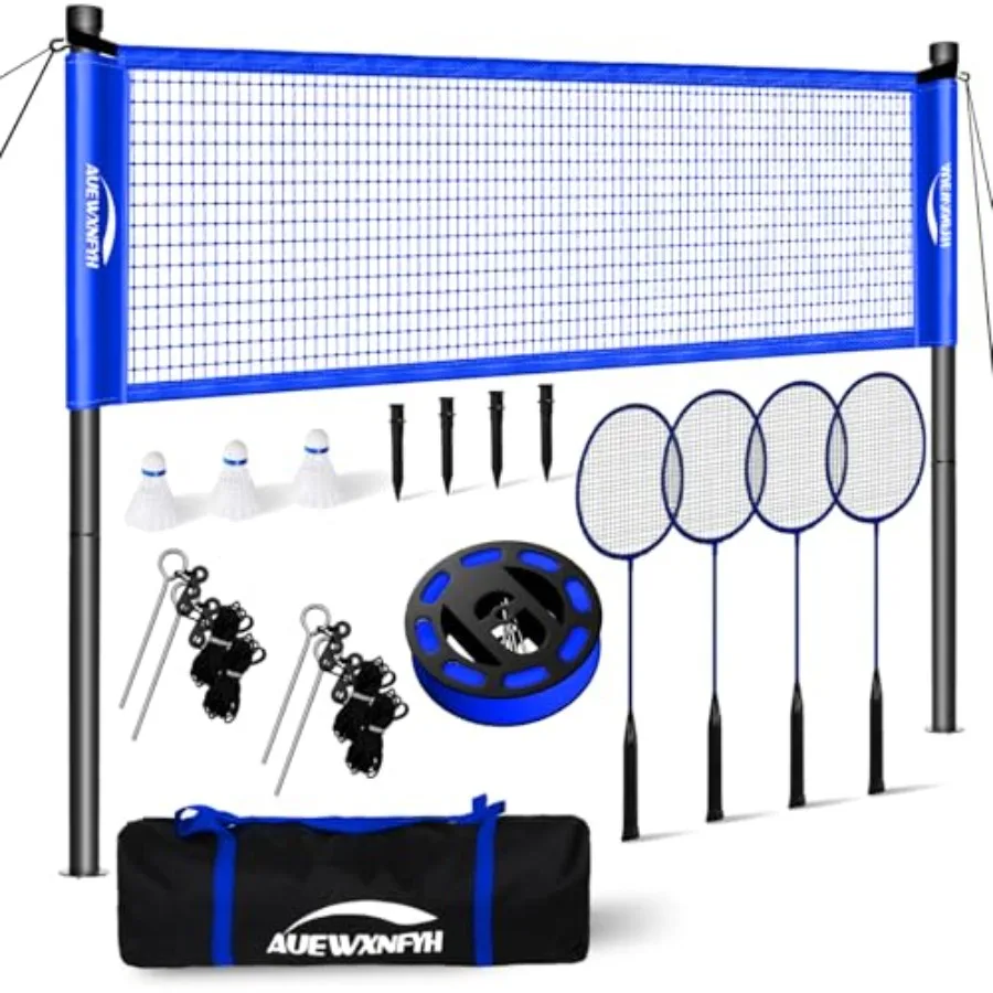 

Backyard Badminton Set: Portable Outdoor Net with 4 Performance Rackets, 3 Shuttlecocks and Boundary Line - Complete Heavy-Duty
