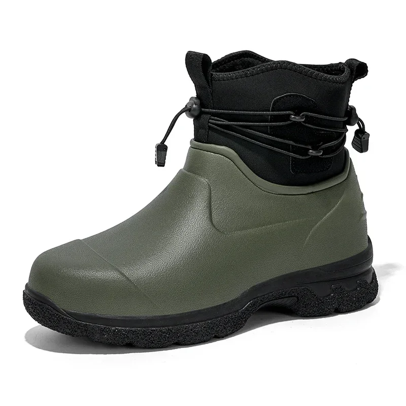 

Leather Top Thick Sole High Top Anti Slip Water Shoes Men's Rain Shoes Outdoor Mountaineering Plush Warm Boots Work Safety Boots