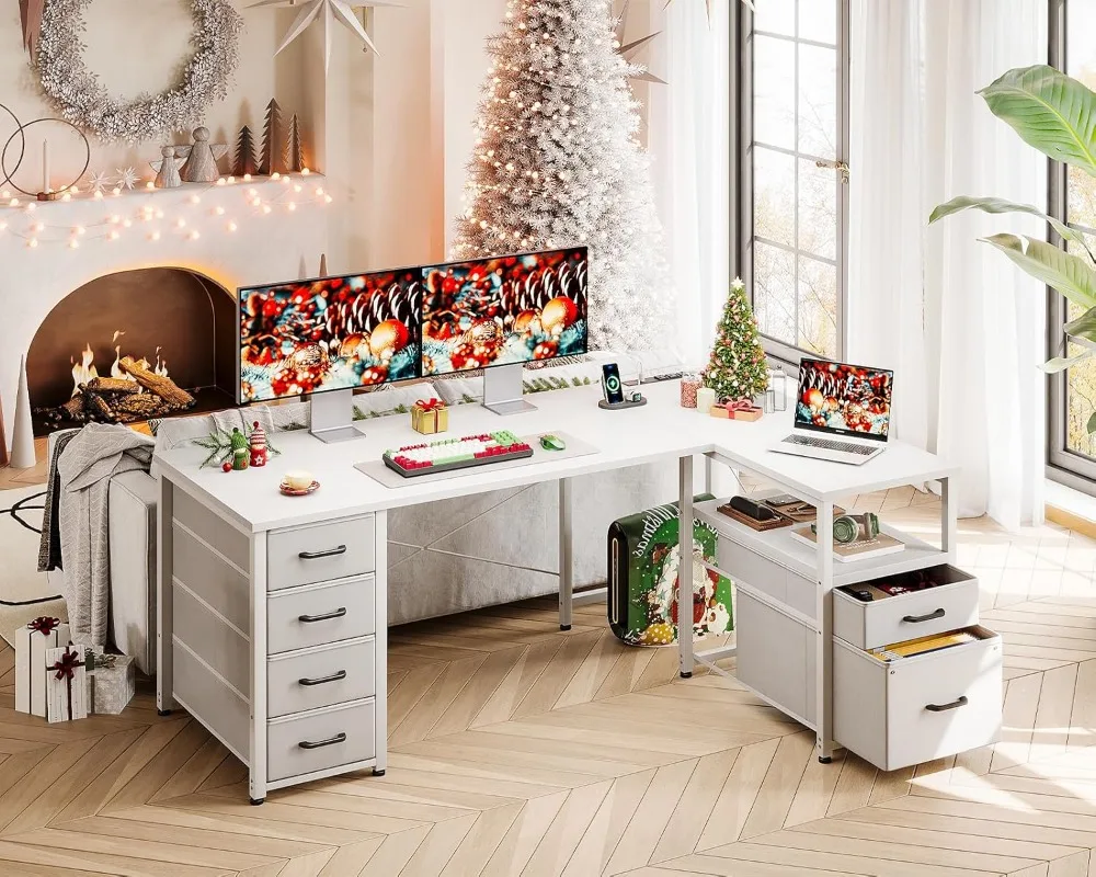 مكتب كمبيوتر على شكل حرف L مع 6 أدراج ومخرج طاقة، مكتب زاوية مقاس 55 بوصة مع رف تخزين قابل للعكس ودرج ملفات