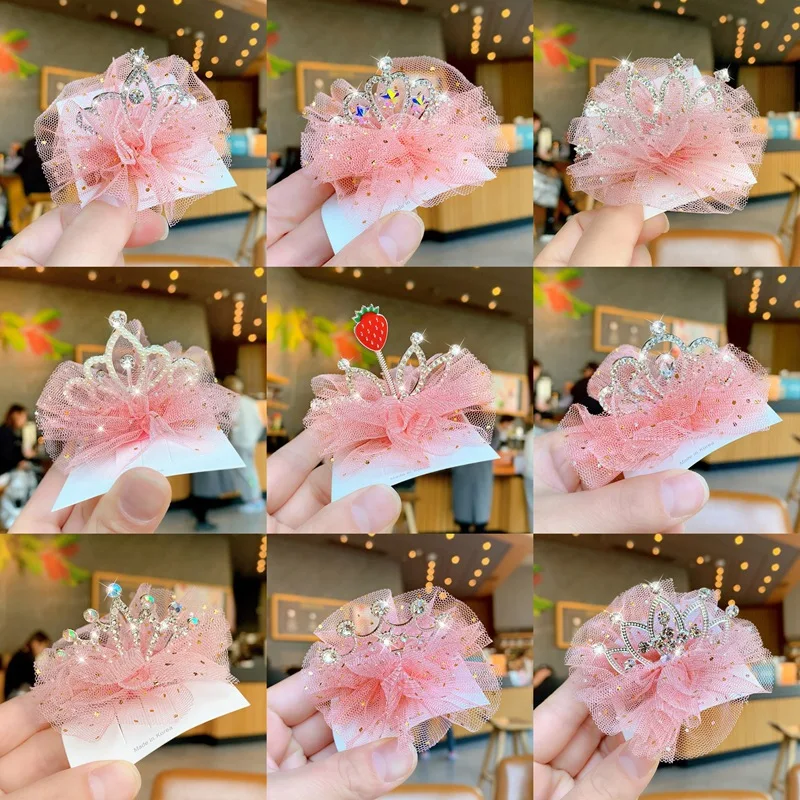 

Korean Childen Net Yarn Crown Hairclip Standing Bowknot Hairpin Kid Barrette Lovely Princess Head Flower BB Clip Hair Accessory