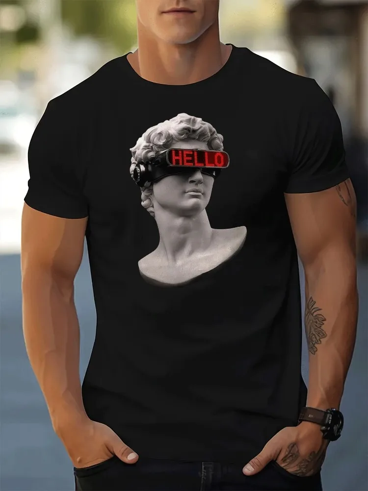 Mens Summer Crew Neck Tee Vintage David Bust Futuristic Vr Glasses Hello Sign Graphic Soft Cotton Short Sleeve Loose Daily Top