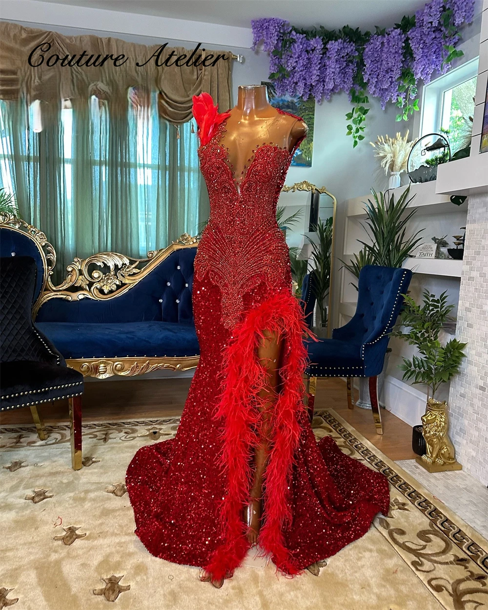 

Flowery Red Sequin Mermaid Prom Dresses Luxury Black Girls 2025 Beaded Rhinestones Feathers Split Wedding Party Customized