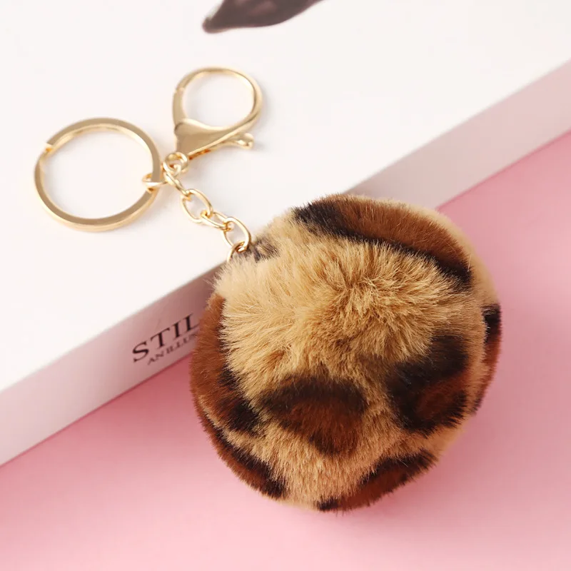 8 Colors Leopard Print PomPom Keychain Car Keyring Women Or Child Holder Bag Pendant Jewelry Key Chain Charms Soft Fluffy Ball