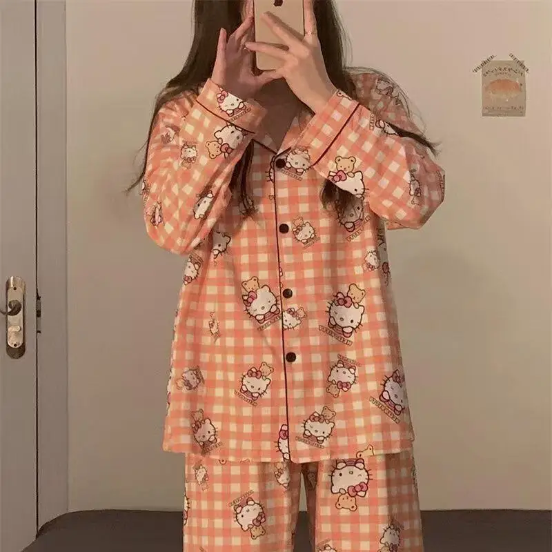 

Женские пижамные комплекты Hello Kitty, кавайные мультяшные студенческие весенне-осенние комплекты для отдыха с длинными рукавами и длинными брюками, домашняя одежда для общежития