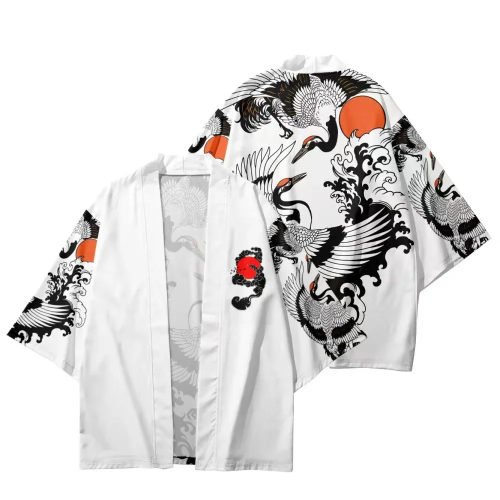 Japanese Ukiyo-e Red Sun Crane Wave Kimono Haori Loose Open Front Casual Half Sleeve Coat Summer Unisex Streetwear Tops
