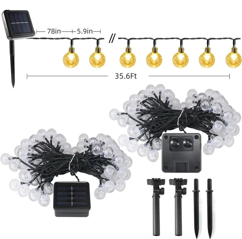 Guirnalda de luces LED solares para exteriores, luces colgantes solares de cristal, impermeables, 8 modos, para Patio y jardín, 200, 334