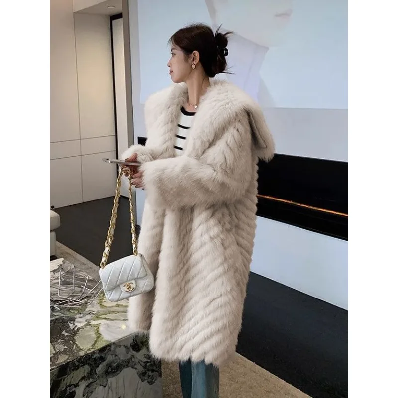 Luxury Vintage Women Navy Collar Fox Fur Coat Winter Fluffy Thicken Young Loose Skinny Warm Comfortable Faux Fur Coat Women