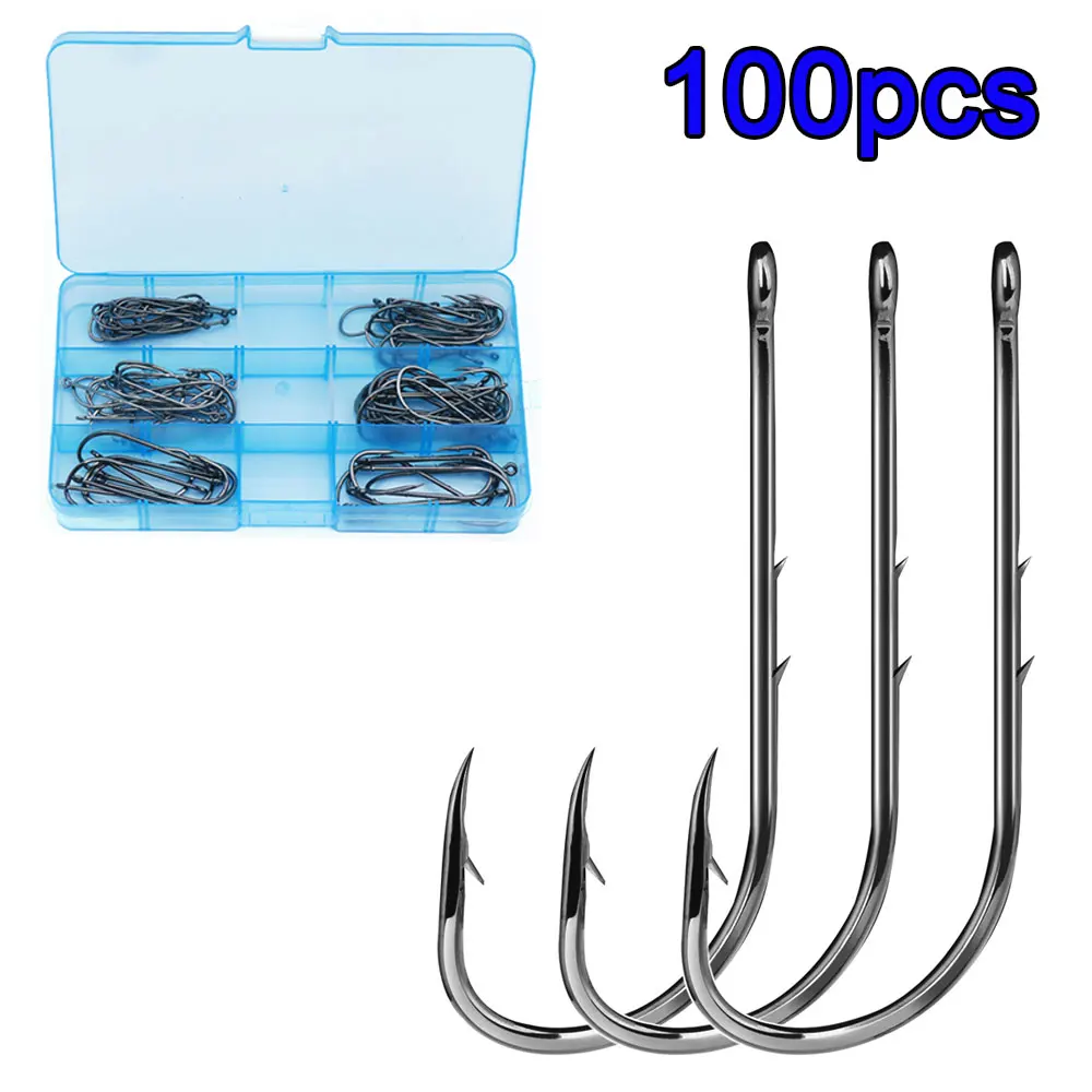 

100pcs Long Shank Fishing Hooks #1/0-#6/0 Fish Hooks High Carbon Steel Sharp Barbed Fishhook Offset Narrow Baits Carp Fishing