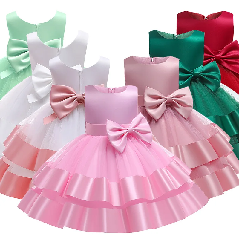 2024 Amazon Cross-Border Christmas Double Mesh Bow Dress Girls Dress Princess Dress Performance