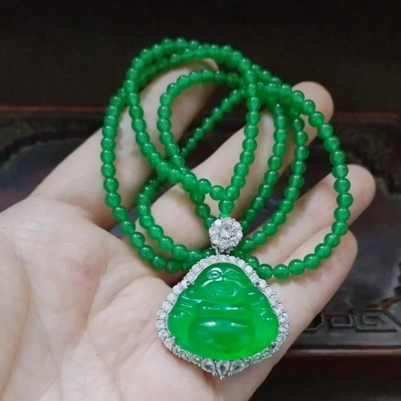 Green Jade Laughing Buddha Pendant Necklace, Silver Plated CZ Wrapped Buddha Charm with Green Bead Chain view 4