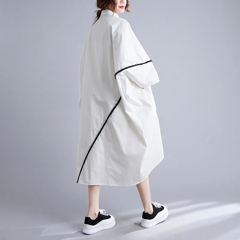 #3483 White Women Asymmetrical Shirt Dress Batwing Sleeve Loose Front Buttons Midi Dress Big Pockets Turn-down Collar Summer2023