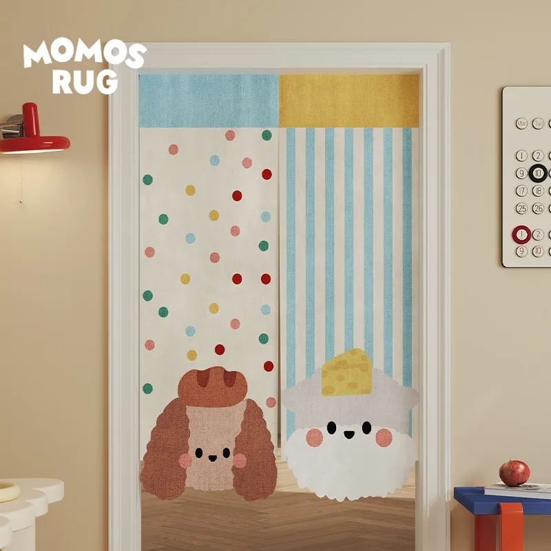 VIKAMA Cute Spaniel Dog Noren Door Curtain Polka Dot Striped Hanging Curtain Kids Room Door Privacy Room Divider