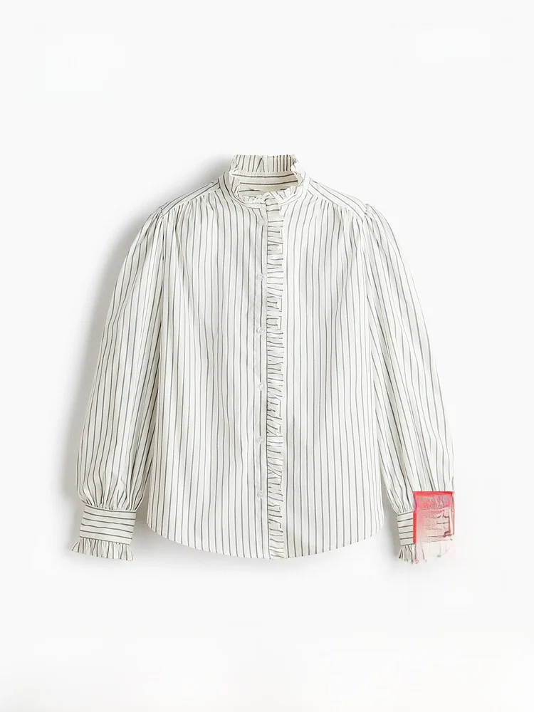 

H&M Women's Shirt Summer New Simple Commute Pleated Trendy Wood Ear Shirt Cotton Nylon Spandex Button up Long Sleeve