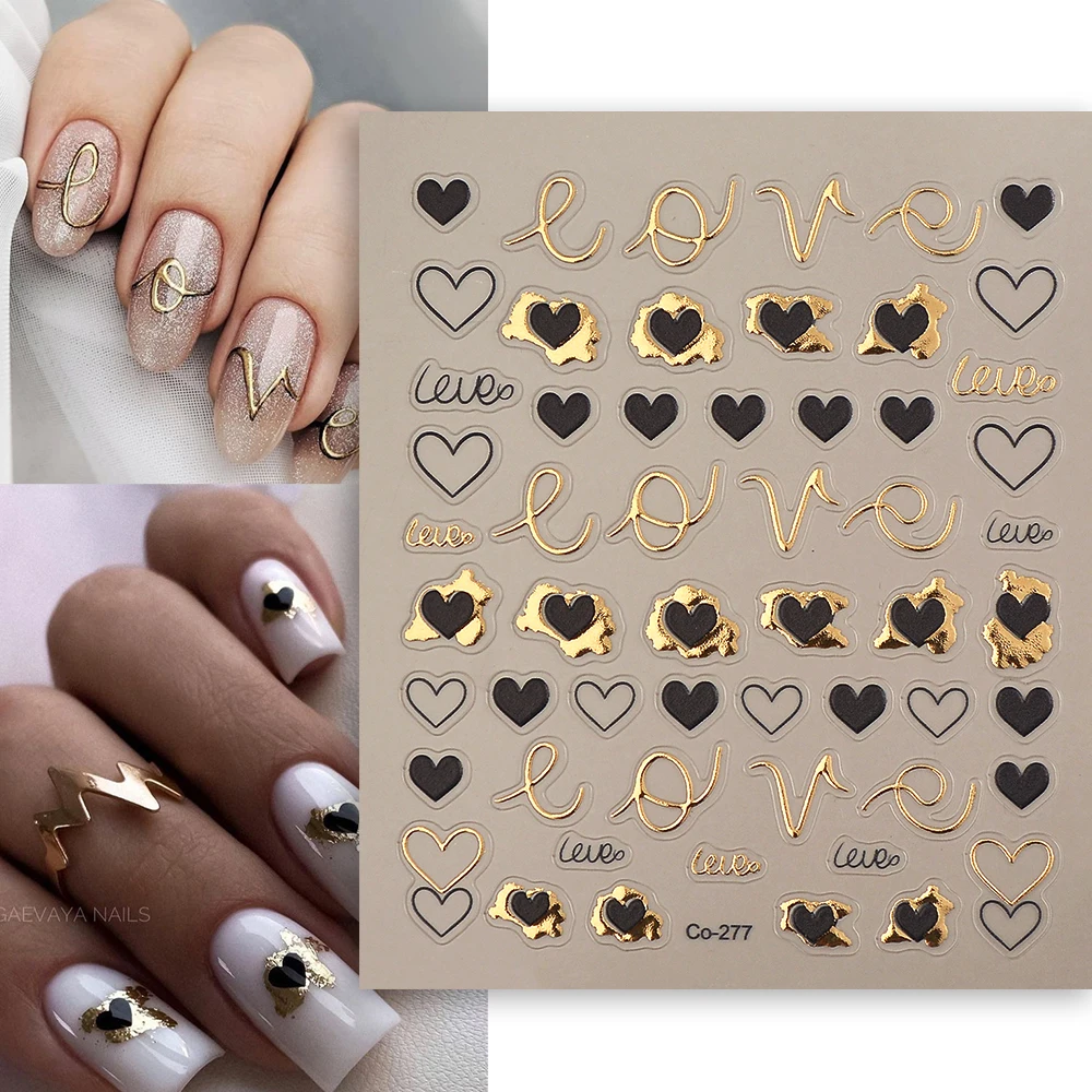 Goud En Zwart Hart Design Nagelsticker Zelfklevende Reliëf Gouden Liefde Diy Nagel Emblemen Folies Wraps Decoraties CO-277