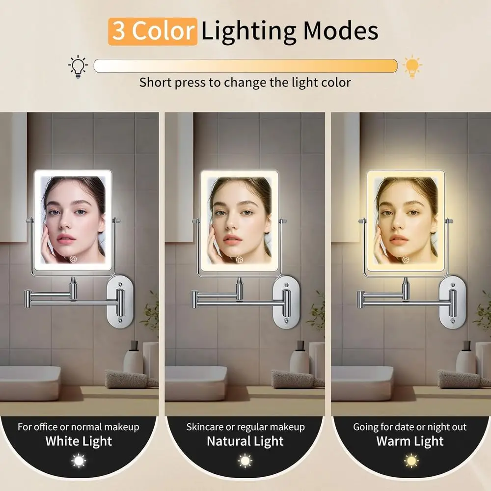 LED照明付き両面化粧鏡、5000mAh充電式、1倍/20倍拡大、タッチ調光、360度回転 °   回転式スイングアーム