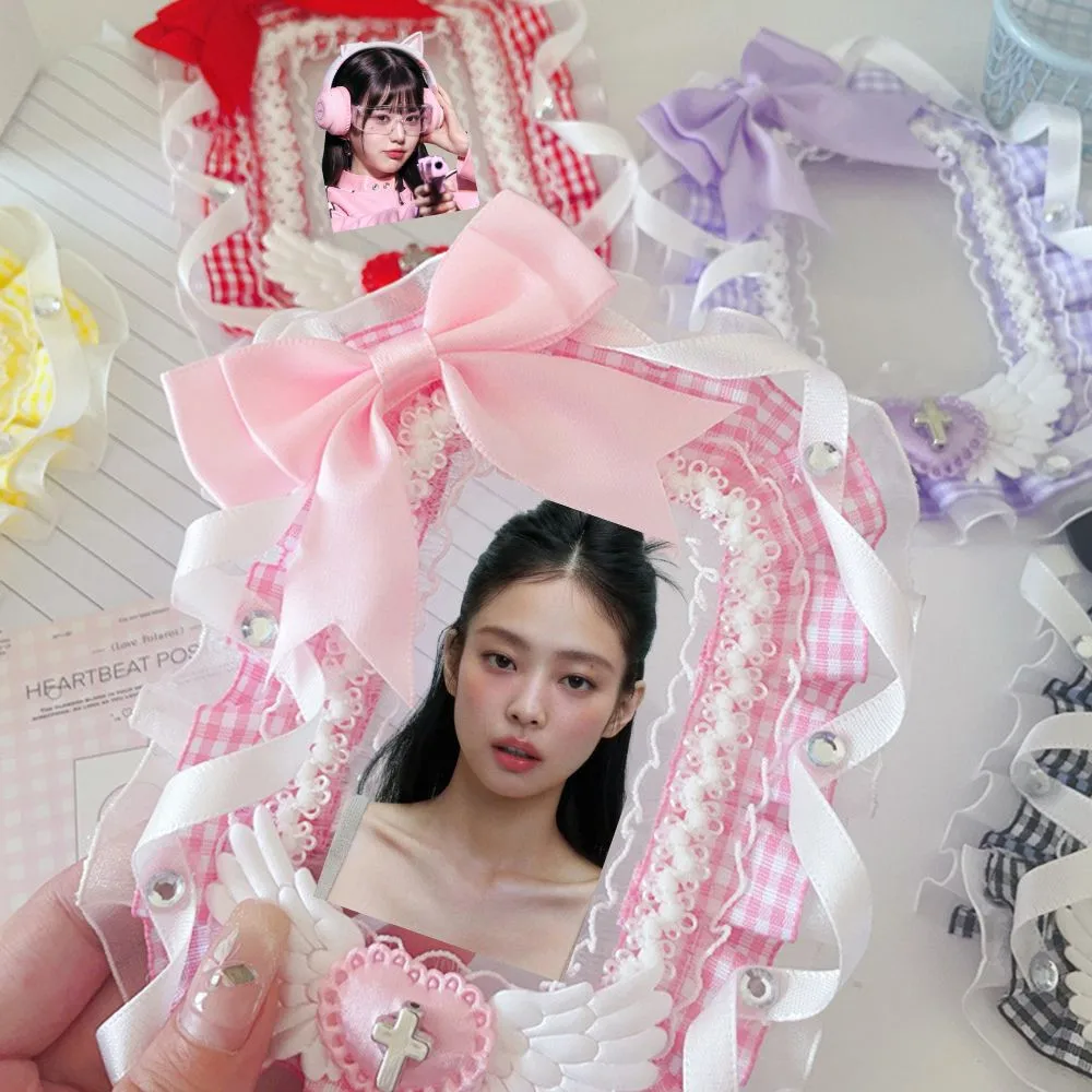 Lace Sleeve Bow Acrylic Cards Sleeve 3 Inch Idol Photocard Holder Ribbon Handmade Bowknot Lace Cards Holder Card Protective Case