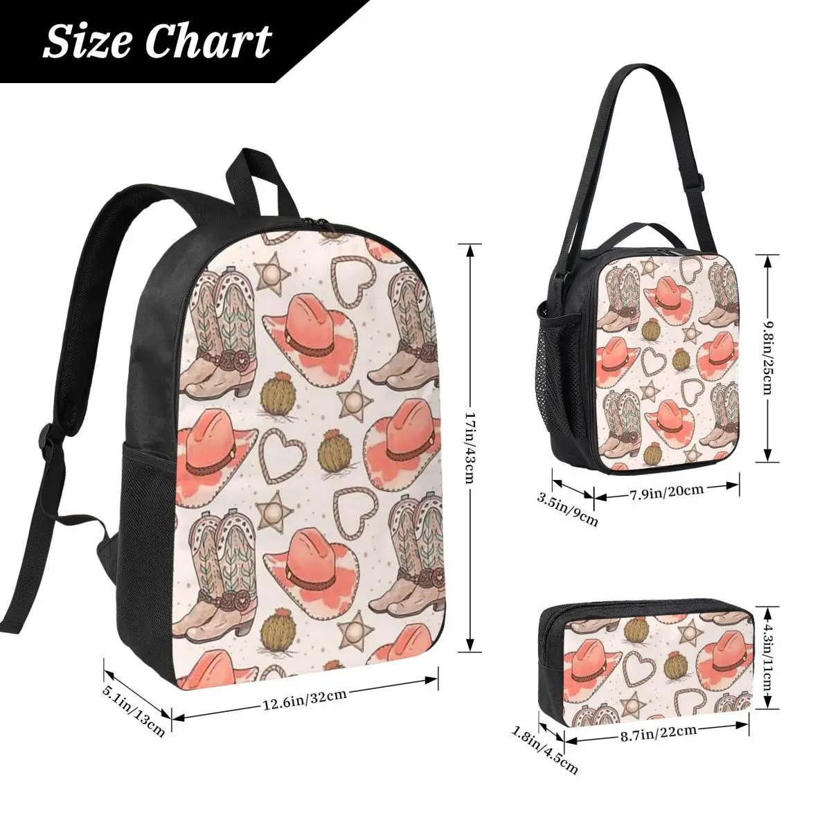 Western Cowgirl With Pink Hat And Horse Backpack BookBag School Bag Computer Shoulder Bags 3ps Insulated Lunch Bag Pencil Case