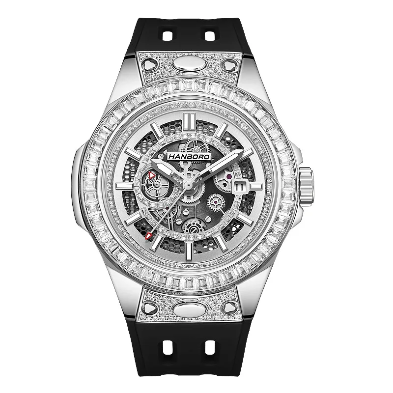 HANBORO Men's fully automatic mechanical watch with diamond fashion trend, skeleton calendar luminous waterproof watch