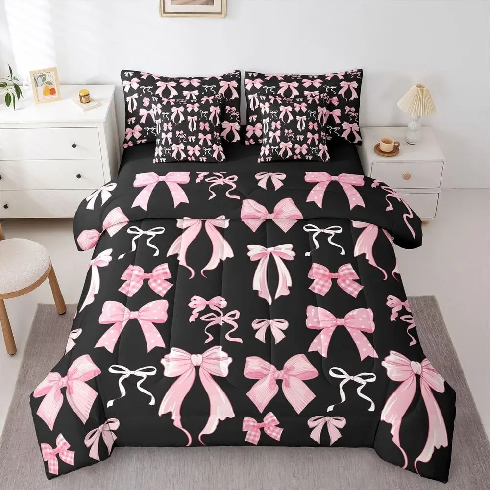 

King Size Bowknot Bedding Set with Sheets: Polka Dot, Stripes, and Bowtie Design for Kids and Teens