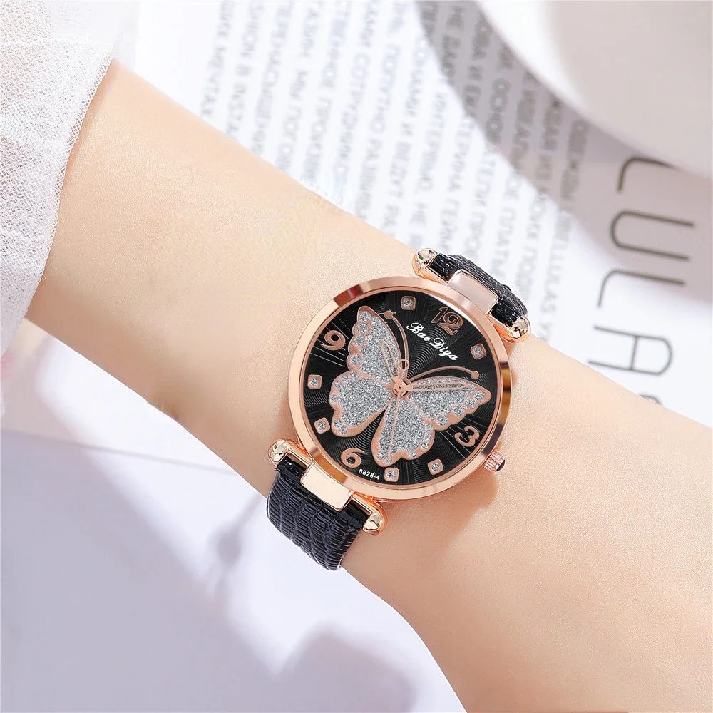 Women\'s Fashion White Butterfly Diamond Set Design Watches Brand Ladies Quartz Wristwatch Simple Femme Leather Band Clock