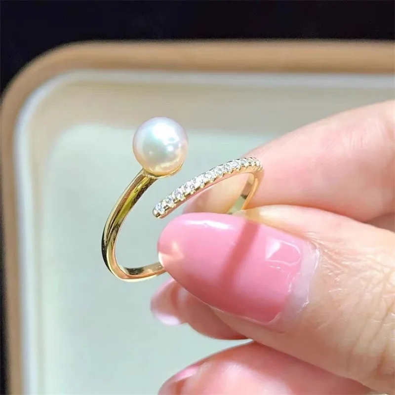 new mini AAAA+++ 8-9MM ROUND AKOYA WHITE  Pearl Ring S925 Sterling Silver Adjustable size gift box