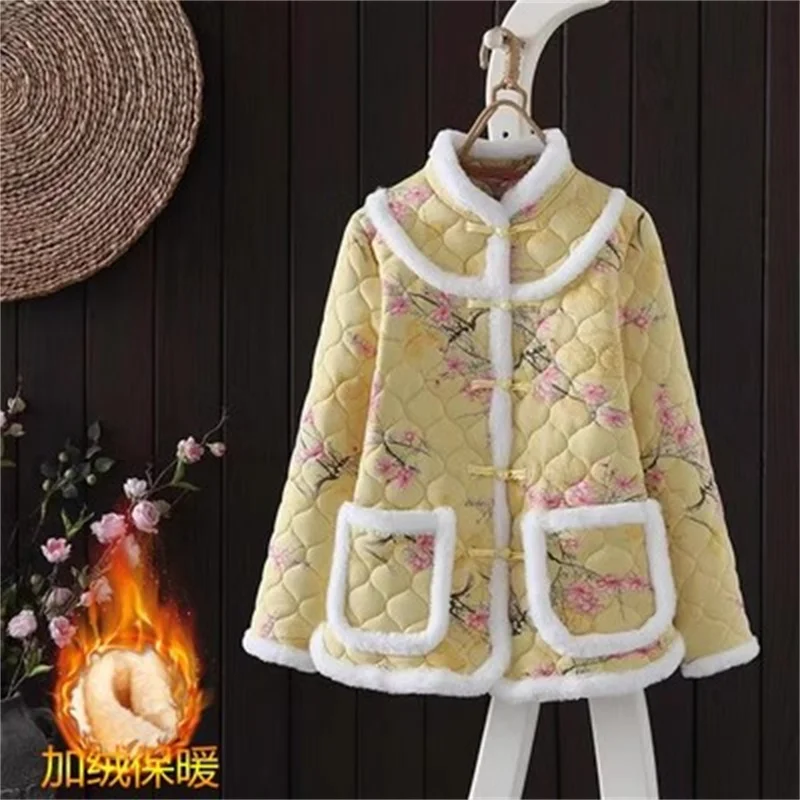 Winter New Retro Chinese Style Padded-Cotton Jacket For Women Large Size With Plush Flower Jacket Mothers Thick Warm Outerwear